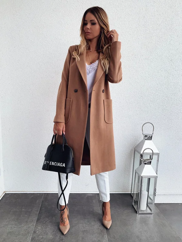 New autumn and winter solid color long-sleeved double pocket suit collar woolen jacket Anorak Shell Jacket Lightweight Jacket