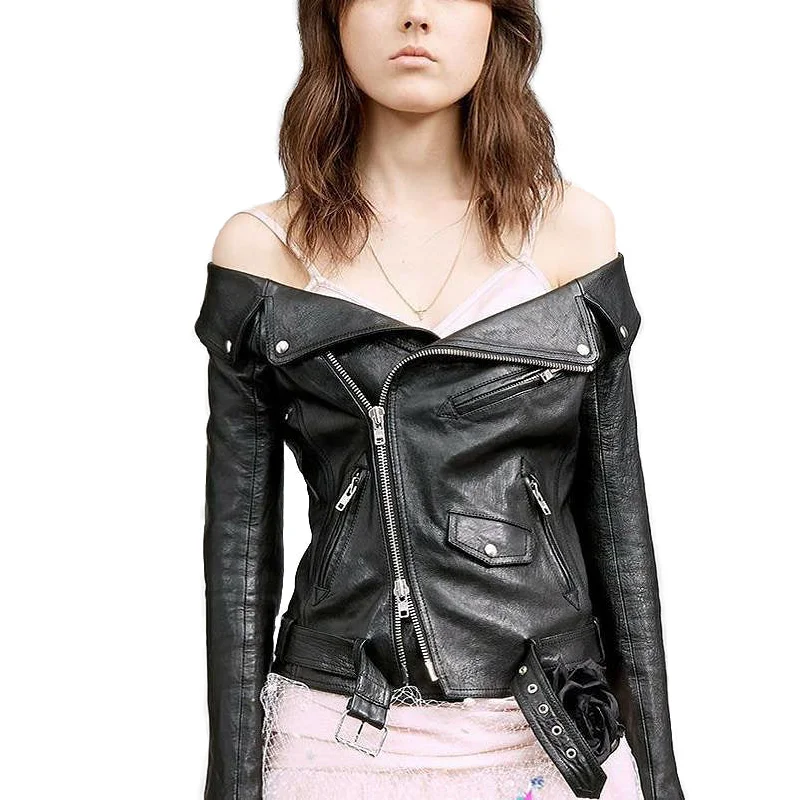 Off Shoulder Leather Jacket / Motorcycle Outerwear for Women in Rock Style Knit Fabric Woven Fabric Fleece Fabric