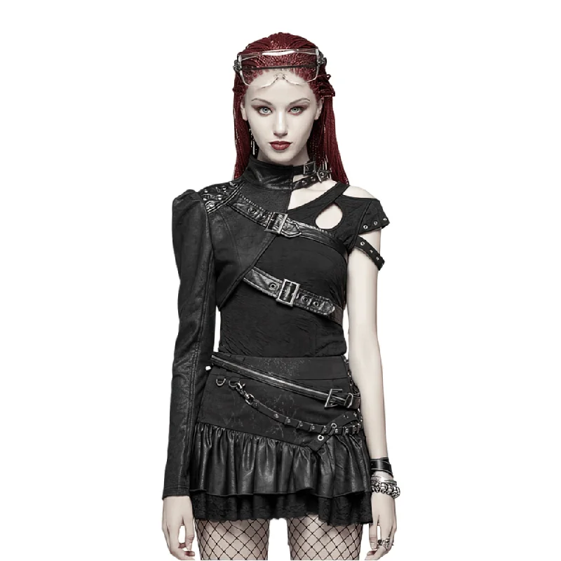 One Shoulder Faux Leather Punk Jacket with Buckles One-Shoulder Jacket Off-the-Shoulder Jacket Asymmetrical Jacket