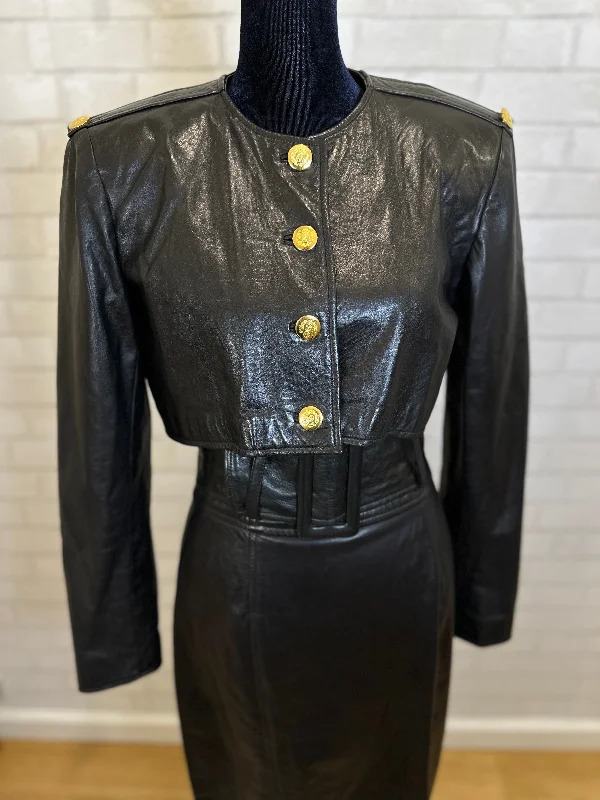 PAMELA Dennis Vintage Cropped Leather Jacket with gold buttons / S-US6 Boat Neck Shawl Collar Notched Collar PAMELA Dennis Vintage Cropped Leather Jacket with gold buttons / S-US6 Boat Neck Shawl Collar Notched Collar