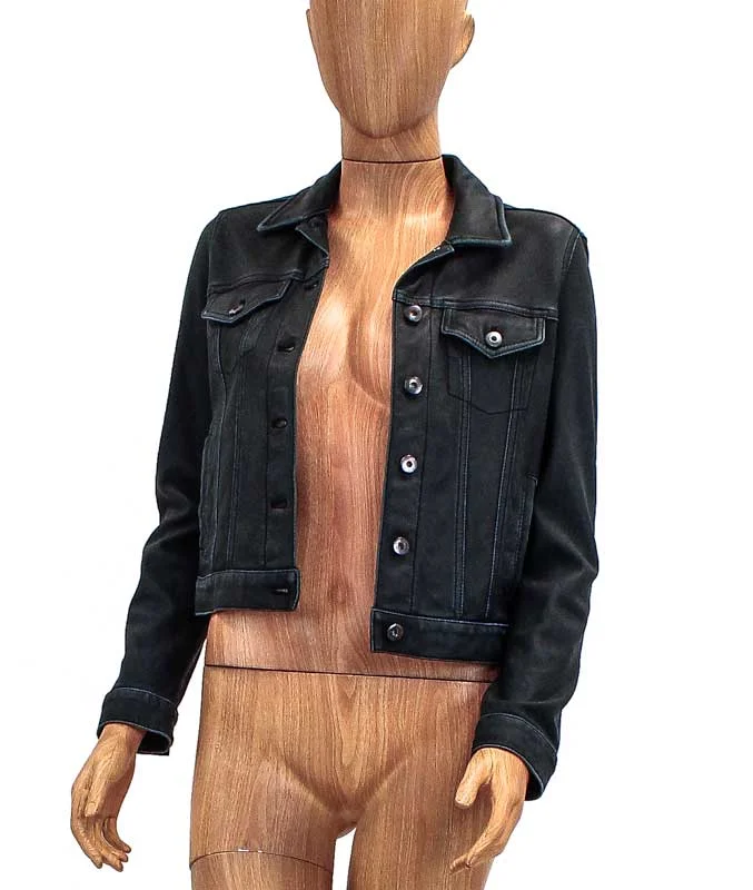 Patch Pocket Leather Jacket A-Line Jacket Boat Neck Shawl Collar