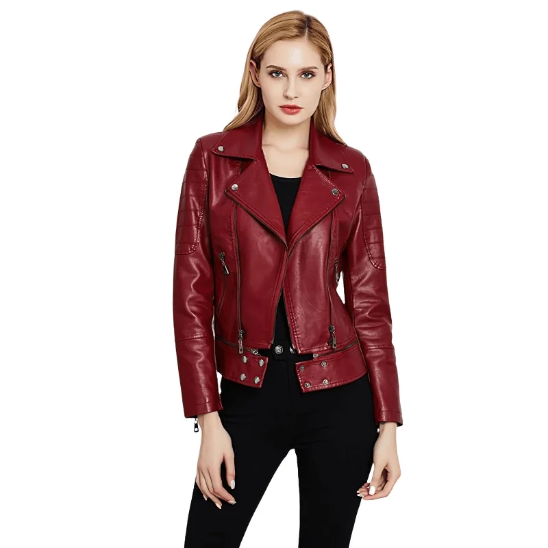 Patchwork PU Leather Motorcycle Jacket with Lower Edge Detachable / Fashion Zipper Female Outwear Zippered Jacket Buttoned Jacket Snapped Jacket