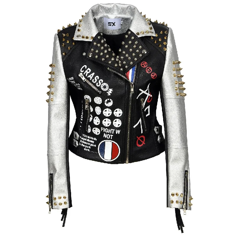 PU Leather Women's Jacket / Letter Print Graffiti Rivets Coats / Biker Fringed Motorcycle Jackets Snapped Jacket Toggled Jacket Drawstring Jacket PU Leather Women's Jacket / Letter Print Graffiti Rivets Coats / Biker Fringed Motorcycle Jackets Snapped Jacket Toggled Jacket Drawstring Jacket