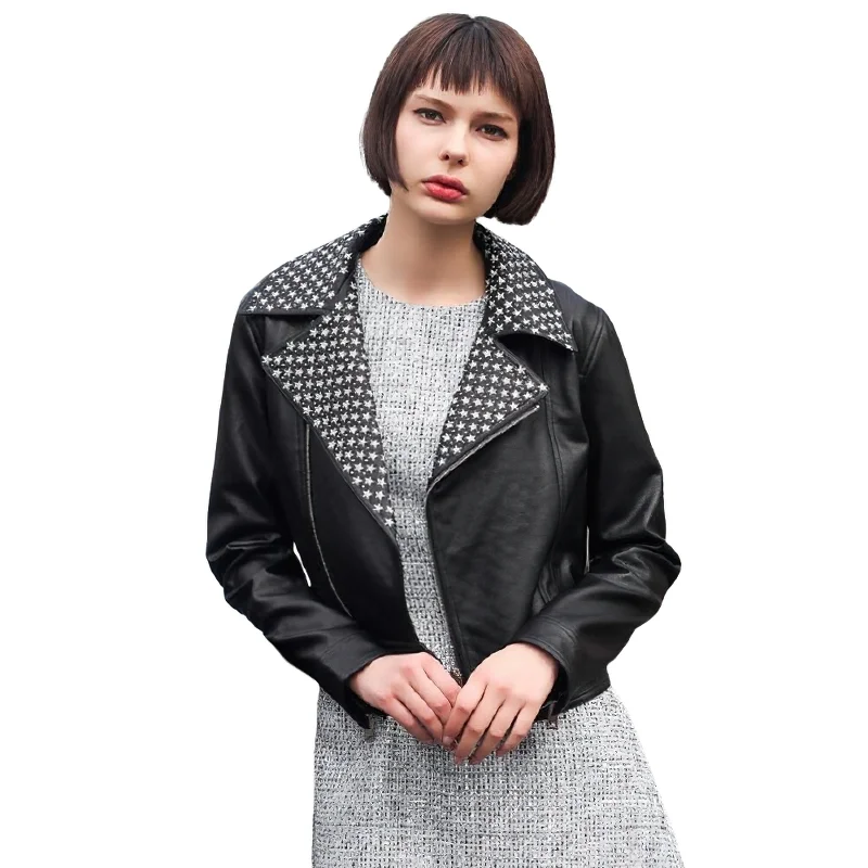 Pu Leather Women's Jacket with Pattern Stars / Short Zipper Jacket in Rock Style Ribbed Jacket Pleated Jacket Ruffled Jacket Pu Leather Women's Jacket with Pattern Stars / Short Zipper Jacket in Rock Style Ribbed Jacket Pleated Jacket Ruffled Jacket