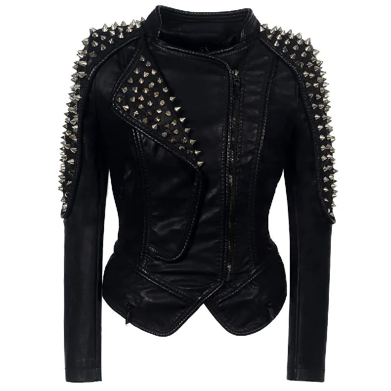 Punk Rivet faux leather PU Jacket / Women's Rock fashion Motorcycle Jacket Print Jacket Jacquard Jacket Embroidered Jacket