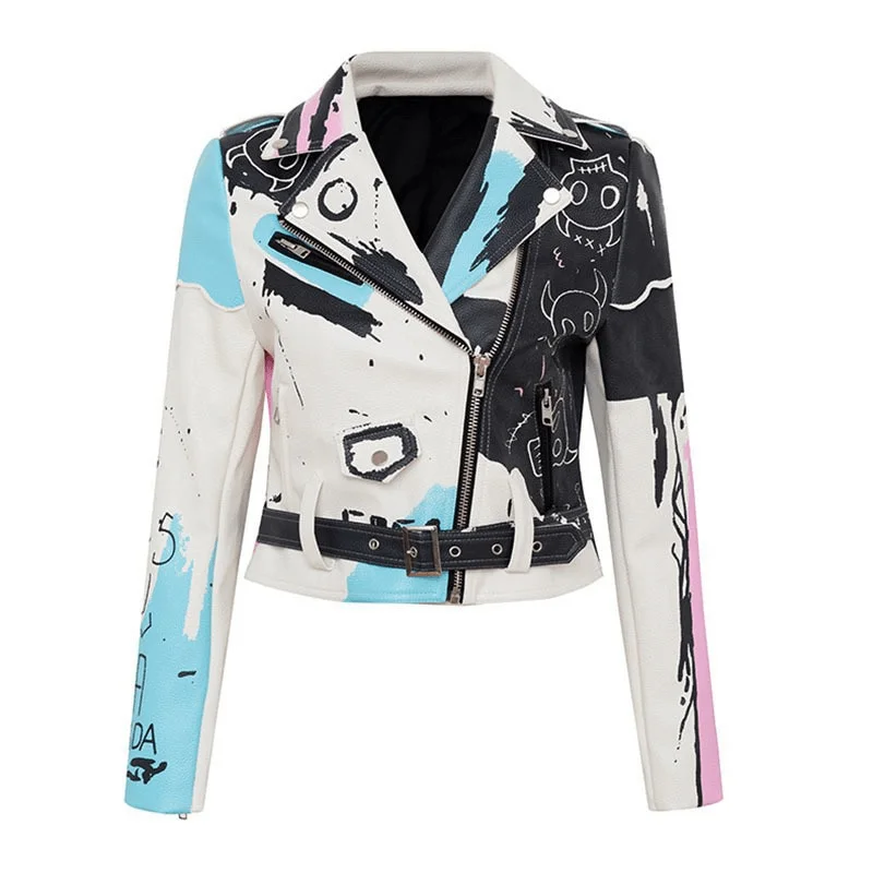 Punk Rock PU Leather Jacket for Women / Short Slim Graffiti Print Jackets Cotton Jacket Linen Jacket Terry Jacket