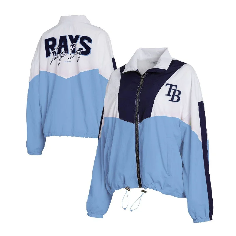 Rays Women's WEAR by Erin Andrews Blue Colorblock Full-Zip Windbreaker Jacket Zip Front Button Front Snap Front