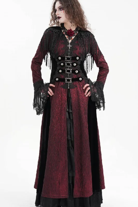 Red Buckle-up Tassels Women's Gothic Jacket with Hood Knit Jacket Woven Jacket Fleece Jacket