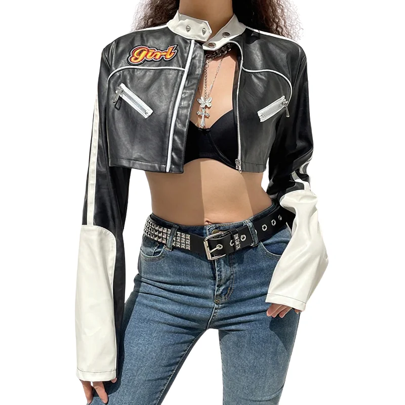Rock Style Patchwork Cropped PU Leather Jacket For Women / Alternative Fashion Streetwear Hooded Jacket Caped Jacket Shawl Collar Jacket