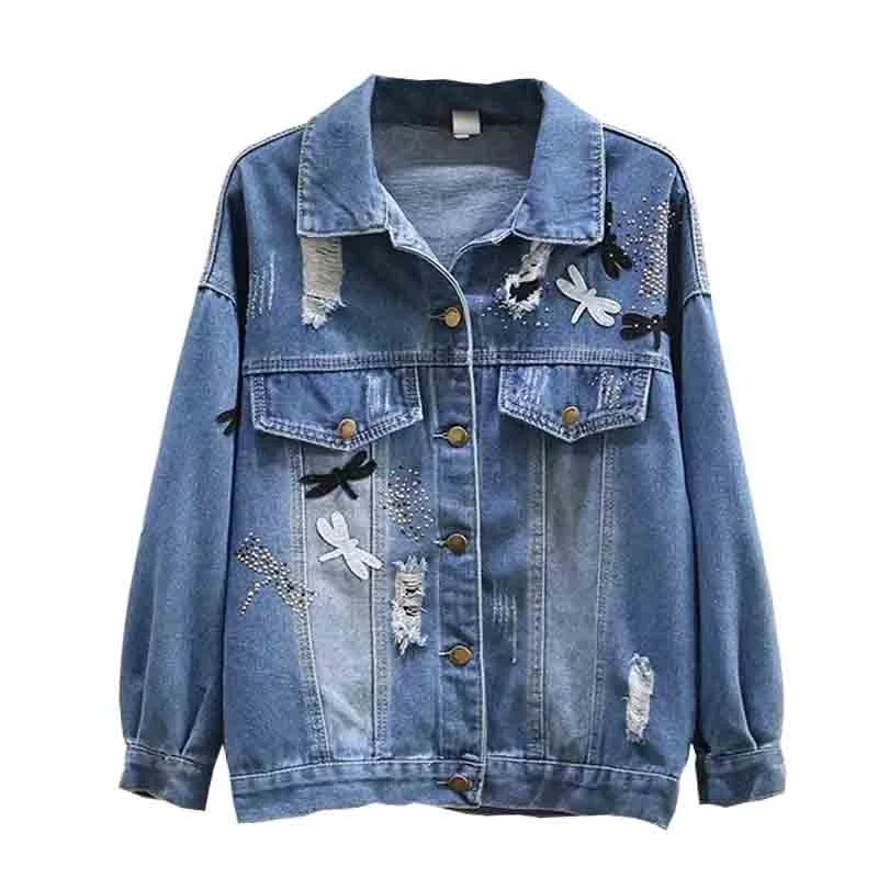 Rock Style Women Denim Jeans Jacket / Loose Long Sleeve Jackets with Dragonfly Patches Anorak Shell Jacket Lightweight Jacket