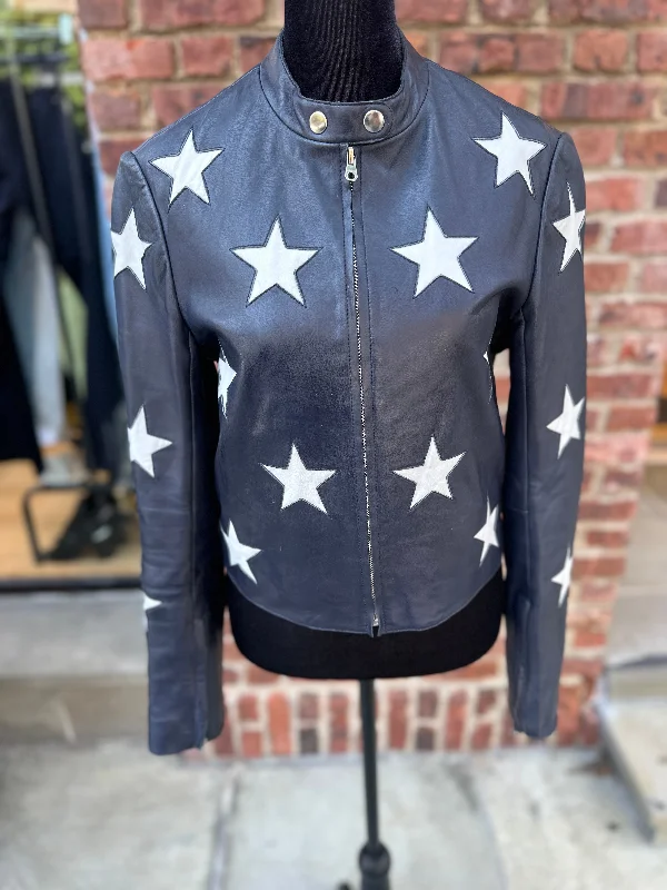 SANDRO Leather JAcket with Stars / S-1 Faux Fur Fabric Real Fur Fabric Shearling Fabric