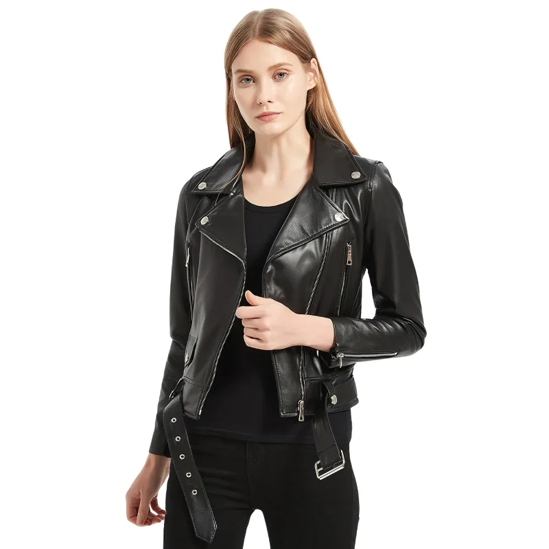 Sheepskin Leather Jacket with Sashes / Women's Slim Jacket Cardigan Sweater Pullover Sheepskin Leather Jacket with Sashes / Women's Slim Jacket Cardigan Sweater Pullover