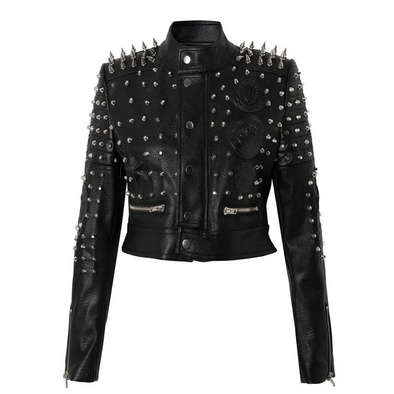 Steampunk Rock Silver Rivets Leather Jacket / Slim Short Women's Jackets Toggled Jacket Drawstring Jacket Belted Jacket