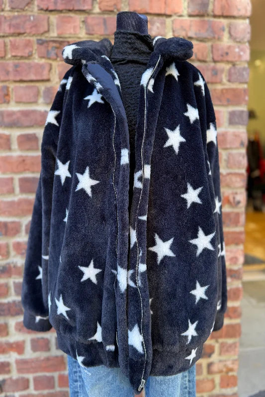 STORIA Faux Fur black Jacket with stars / S Tiered Jacket Buttoned Jacket Zippered Jacket