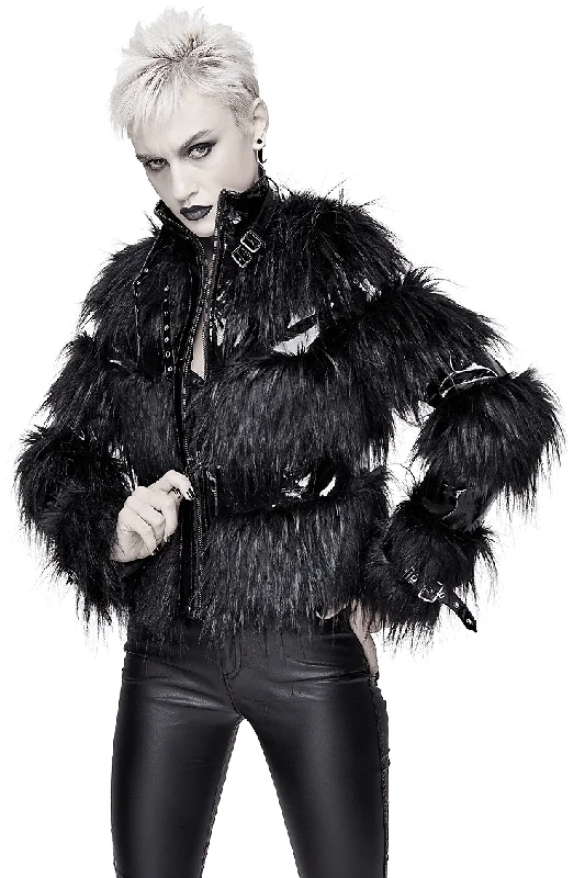 Stylish Women's Jacket Decorated with a Fur / Shiny Pu Leather Jacket with Buckles on the Neck Snapped Jacket Toggled Jacket Drawstring Jacket