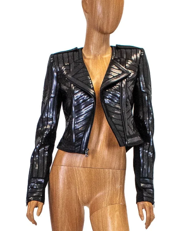 "Suvi" Sequin Moto Jacket Boat Neck Shawl Collar Notched Collar