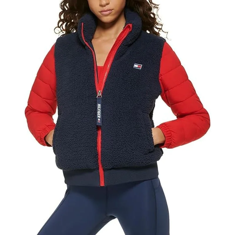 Tommy Hilfiger Womens Active Puffer Jacket Vest XL Navy Blue Red Sherpa Fleece Jacket Down Jacket Parka
