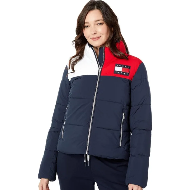 TOMMY HILFIGER Women's Puffer Ski Jacket Medium Red White Blue Chenille Fabric Brocade Fabric Lace Fabric