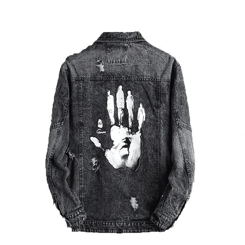 Unisex Jacket With Handprint / Vintage Style Clothing / Casual Ripped Denim Jacket Toggled Jacket Drawstring Jacket Belted Jacket