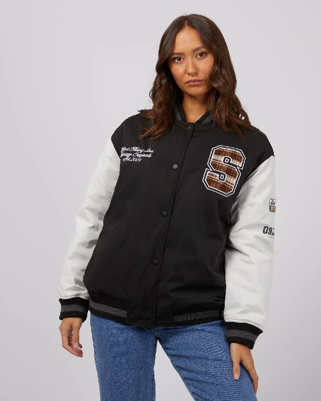 Varsity Jacket Black Stand-Up Collar Roll-Neck Collar Turtle Neck