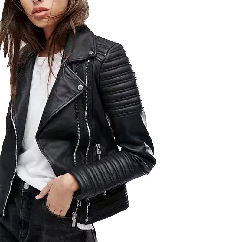 Vintage PU Leather Motorcycle Jacket / Women Biker Style Fashion Stand-Up Collar Roll-Neck Collar Turtle Neck