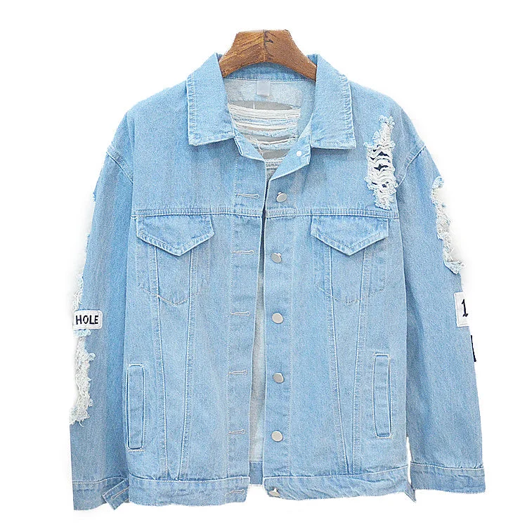 Where is My Mind? Print Bomber Jacket / Blue Ripped Distressed Denim Punk Jacket Welt Pockets Slit Pockets Flap Pockets