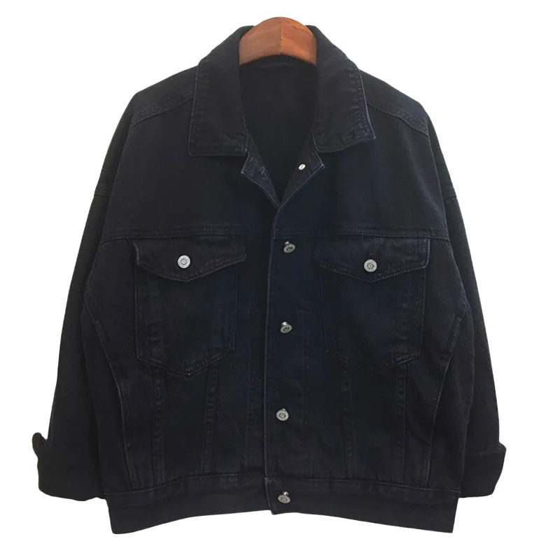 Women Black Solid Color Denim Jacket / Turn-Down Collar Pockets Jacket in Rock Style Plaid Jacket Tartan Jacket Houndstooth Jacket