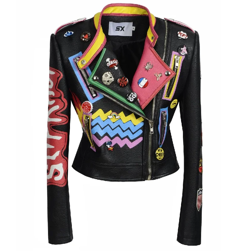 Women Faux Leather Graffiti Print Jacket / Rock Rave Outfits / Motorcycle Zipper Jacket Corduroy Jacket Velvet Jacket Brocade Jacket