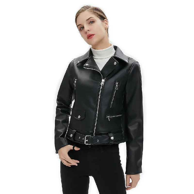 Women Faux Leather Jacket With Belt / Biker Jackets in Classic Rock Style / Rock Clothing Bomber Jacket Anorak Windbreaker