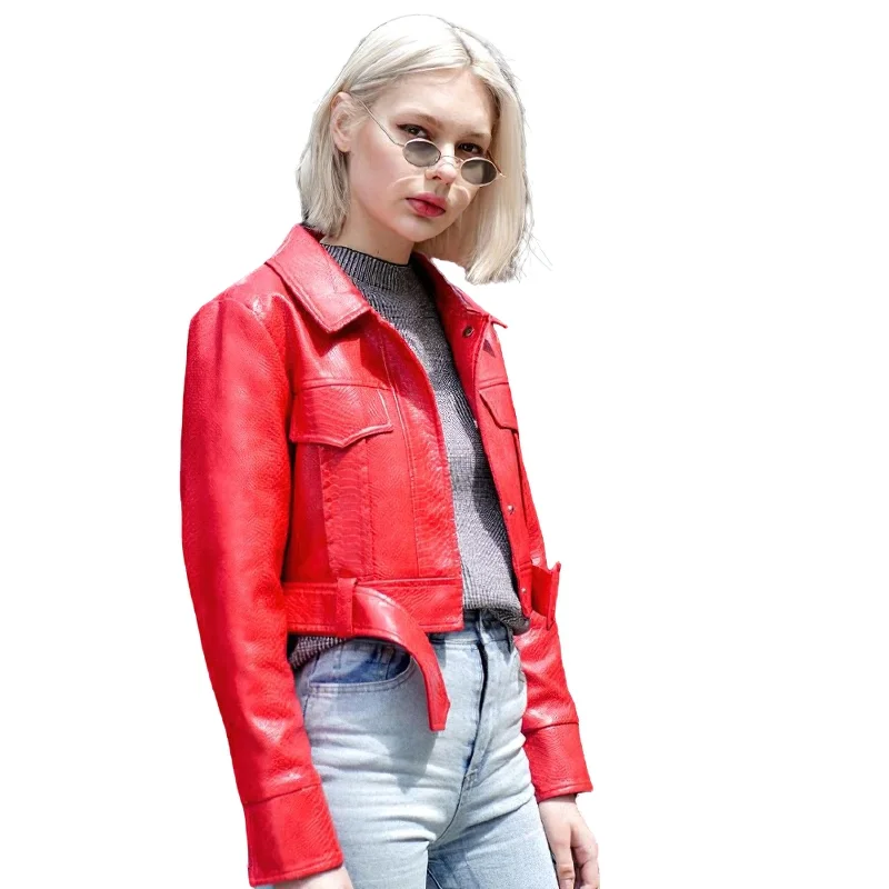 Women Faux Snakeskin Leather Jacket / Zipper Short Jacket / Female Rivet Outerwear Quilted Jacket Puffer Jacket Insulated Jacket