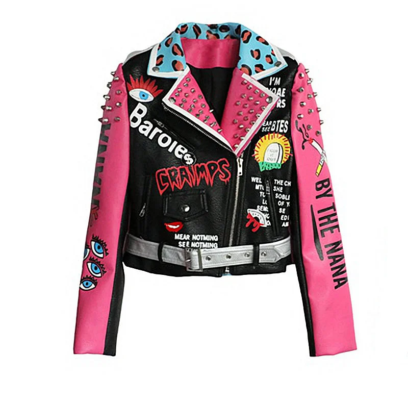 Women Leather Motorcycle Jacket / Leopard Letters Graffiti Colorful Eyes Print Faux Fur Jacket Real Fur Jacket Shearling Jacket