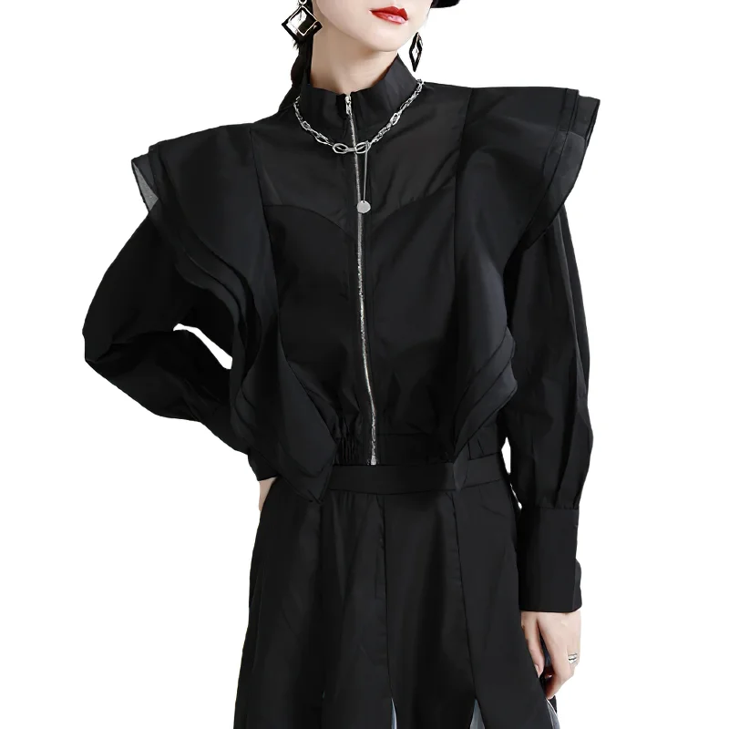 Women Loose Fit Mesh Ruffles Short Jacket / Fashion Outerwear in White and Black Colours Fleece Jacket Down Jacket Feather Jacket