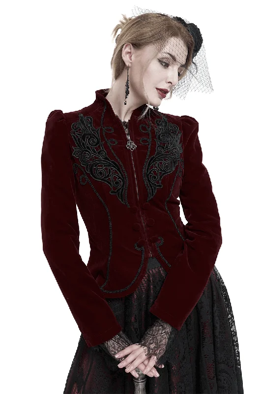 Women's Gothic Velvet Zipper Wine Red Jacket / Ladies Lace Applique and Decorative Buttons Jacket Chenille Jacket Brocade Jacket Lace Jacket