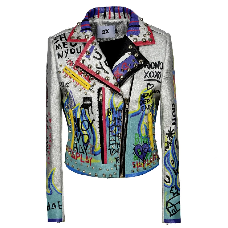Women's Biker PU Leather Jacket with Eagle Print / Graffiti Motorcycle Silver Tops with Rivets Front Pockets Side Pockets Patch Pockets Women's Biker PU Leather Jacket with Eagle Print / Graffiti Motorcycle Silver Tops with Rivets Front Pockets Side Pockets Patch Pockets