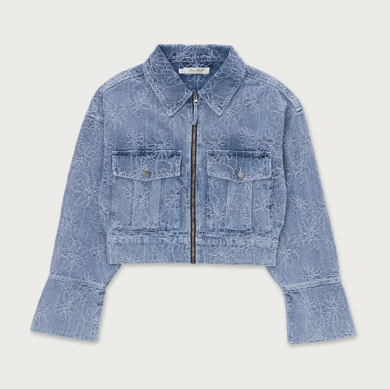 Womens Cropped Denim Jacket - Light Blue Elasticated Jacket Padded Jacket Insulated Jacket