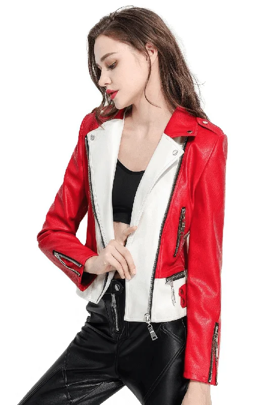 Women's Faux Leather Biker Jacket / Short Zipper Jacket in Red and White Color Knit Jacket Woven Jacket Fleece Jacket