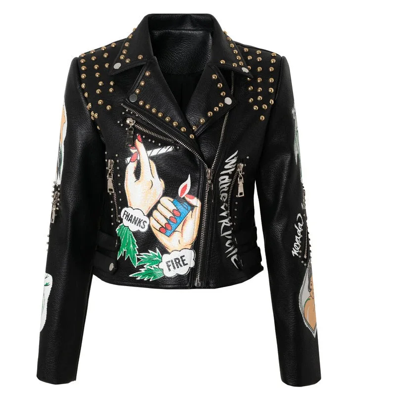 Women's Leather Motorcyle Jacket in Punk style / Female Black Jackets of Color Print and Rivets Hoodie Zip-Up Jacket Button-Up Jacket