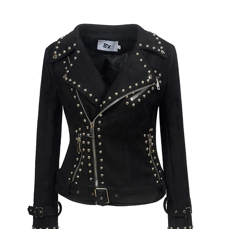 Women's Moto Biker Jacket / Rivet Adjustable Waist Leather Motorcycle Jacket Fleece Fabric Down Fabric Feather Fabric