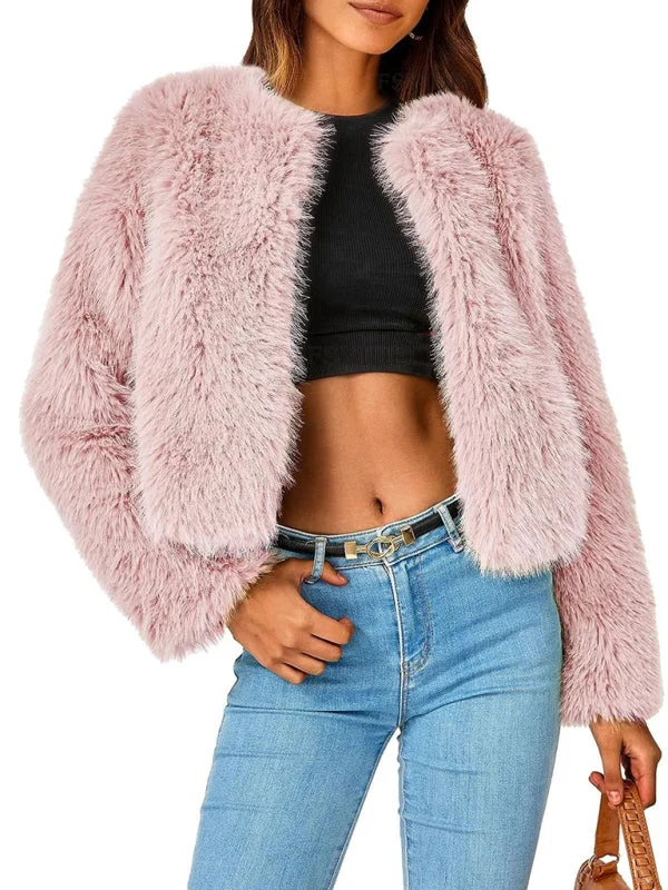 Women's New Furry Multicolor Collarless Top Short Jacket Zippered Front Buttoned Front Snap Front