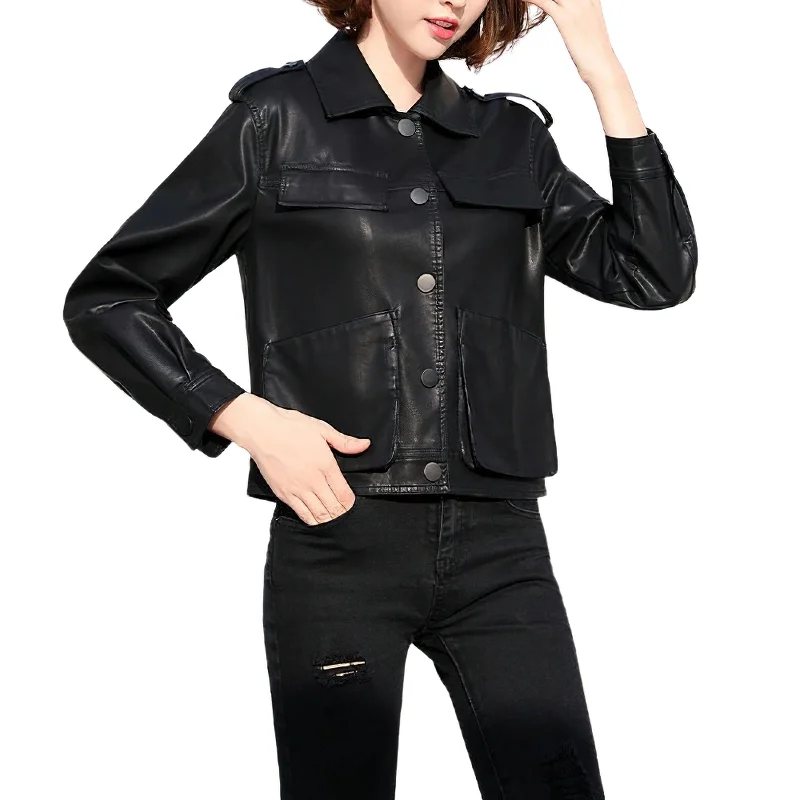 Women's Short PU Leather Jacket / Fashion Big Pockets Jacket / Casual Motorcycle Wear Herringbone Jacket Checkered Jacket Solid Jacket Women's Short PU Leather Jacket / Fashion Big Pockets Jacket / Casual Motorcycle Wear Herringbone Jacket Checkered Jacket Solid Jacket