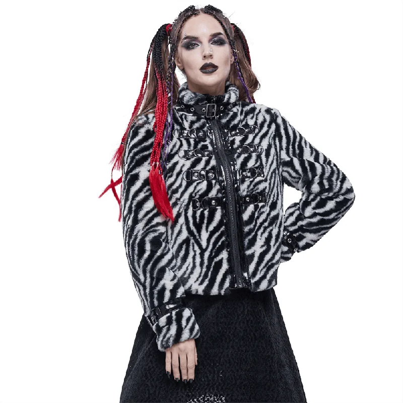 Women's Zebra-stripe Jacket with Stand Collar & Buckles / Faux Fur Zipper Warm Jackets Striped Jacket Polka Dot Jacket Floral Jacket