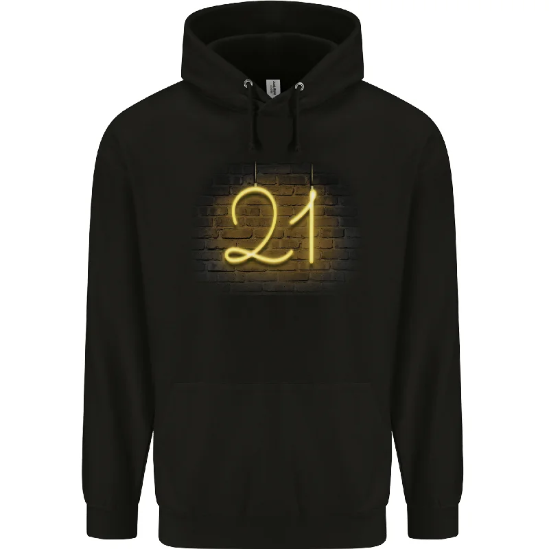 21st Birthday Neon Lights 21 Year Old Mens 80% Cotton Hoodie Hoodie with Ribbed Hem Stretchable Secure