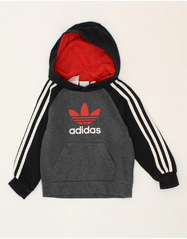 ADIDAS Boys Graphic Hoodie Jumper 4-5 Years Grey Colourblock Cotton Hoodie with Logo Branding Identity