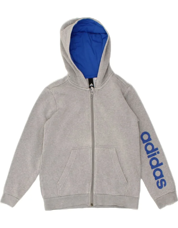 ADIDAS Boys Graphic Zip Hoodie Sweater 8-9 Years Grey Cotton Graphic Hoodie Design Print