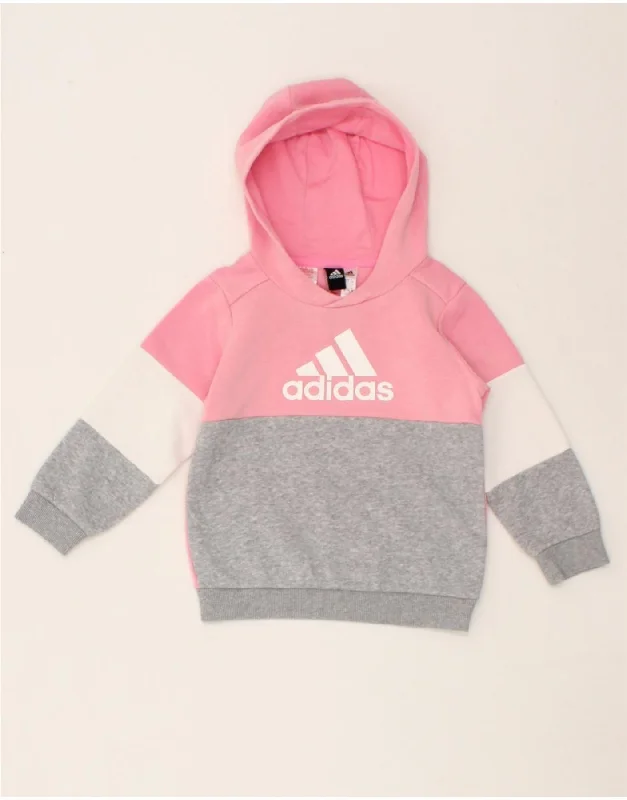 ADIDAS Girls Graphic Hoodie Jumper 3-4 Years Pink Colourblock Cotton Hoodie with Hem Applique Textured Unique