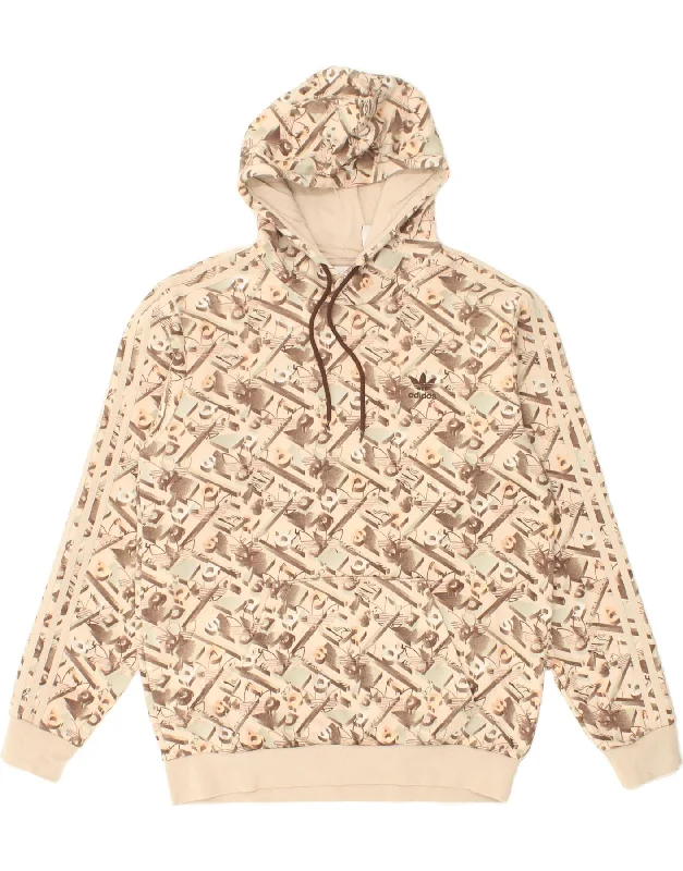 ADIDAS Mens Graphic Hoodie Jumper Medium Beige Cotton Hoodie with Lining Warm Insulated