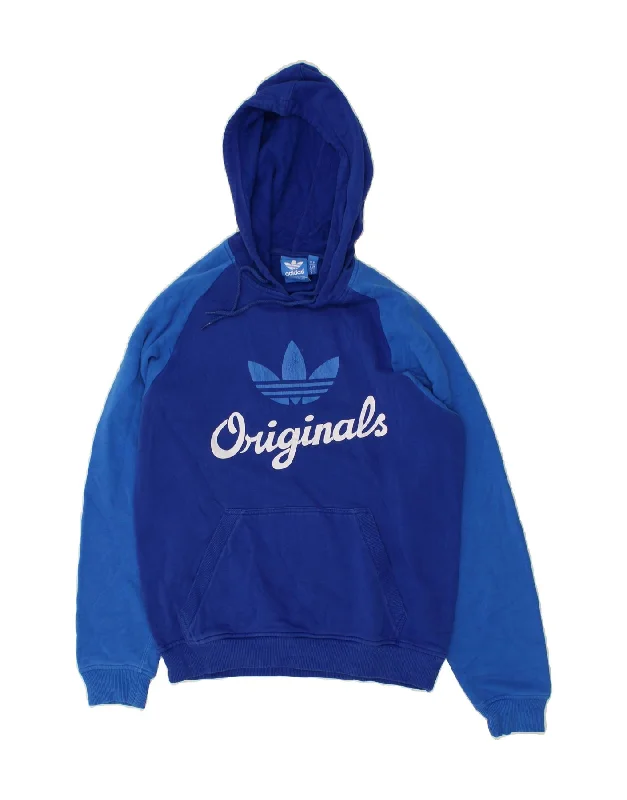 ADIDAS Mens Graphic Hoodie Jumper Small Blue Colourblock Cotton Hoodie with Hem Frayed Vintage Worn