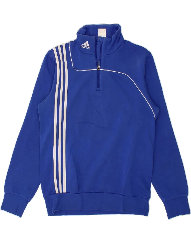 ADIDAS Mens Zip Neck Sweatshirt Jumper Small Blue Cotton Hoodie with Ribbed Neckline Snug Warm