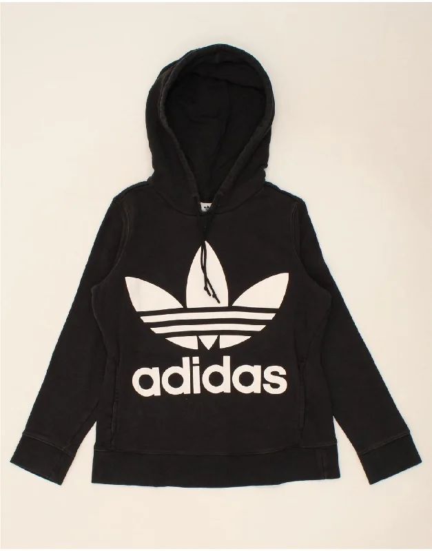 ADIDAS Womens Oversized Graphic Hoodie Jumper UK 8 Small Black Hoodie with Tied Waist Feminine Flattering