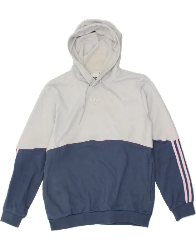 ADIDAS Womens Oversized Hoodie Jumper UK 14 Medium Blue Colourblock Cotton Hoodie with Hem Detail Decorative Unique